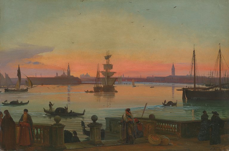 Auf diesem Bild ist das folgende Kunstwerk zu sehen: Friedrich Nerly d. Ä.. Blick auf Venedig, von den Giardini Pubblici aus. Um 1838.
