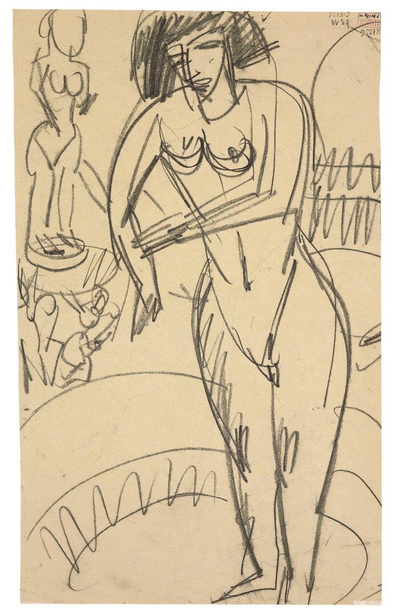 Auf diesem Bild ist das folgende Kunstwerk zu sehen: Ernst Ludwig Kirchner. Frau bei der Toilette. Um 1913/14.