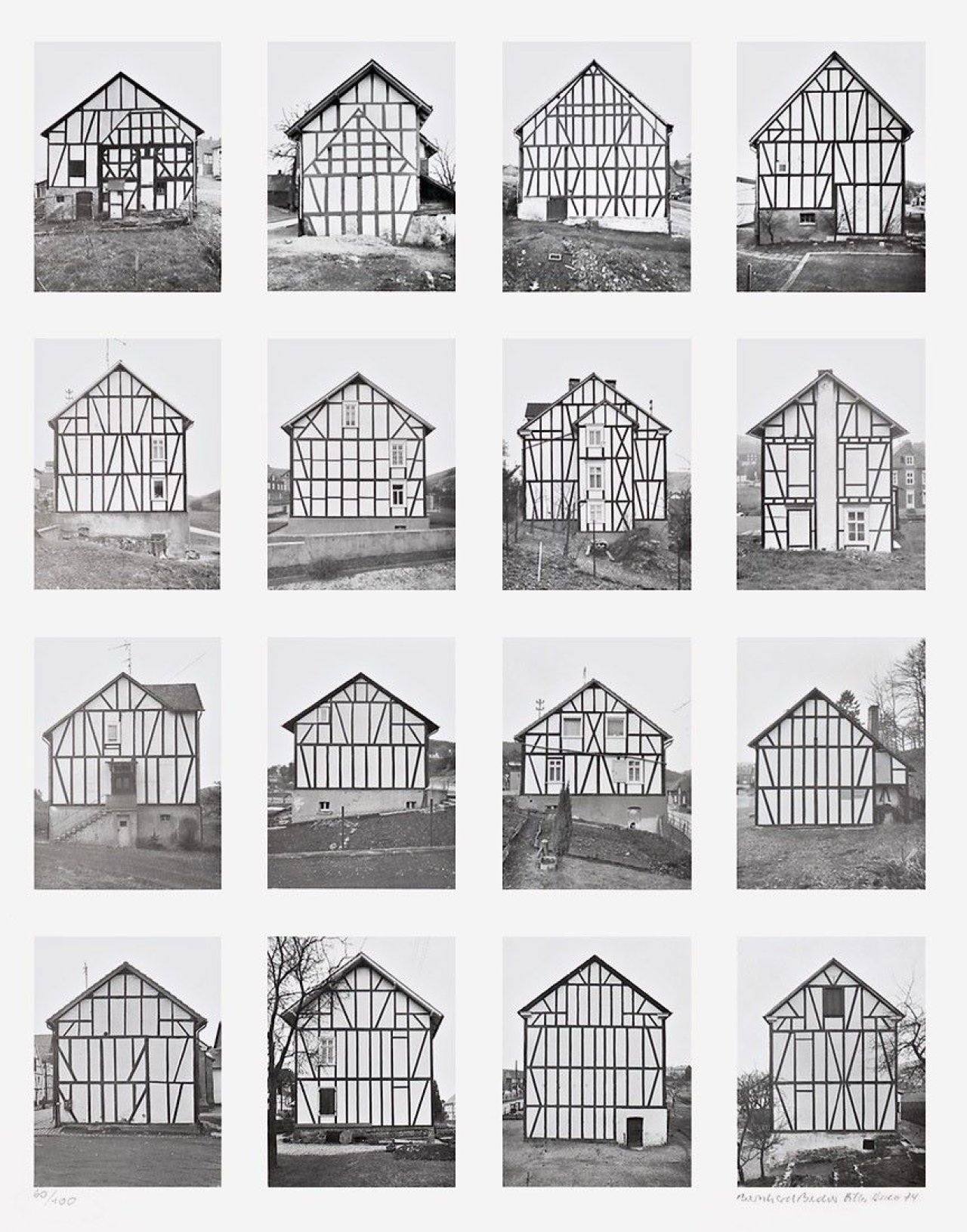 Auf diesem Bild ist das folgende Kunstwerk zu sehen: Bernd und Hilla Becher (Siegen 1931 - 2007 Rostock / Potsdam 1934 - 2015 Düsseldorf). „Fachwerkhäuser“. 1974.