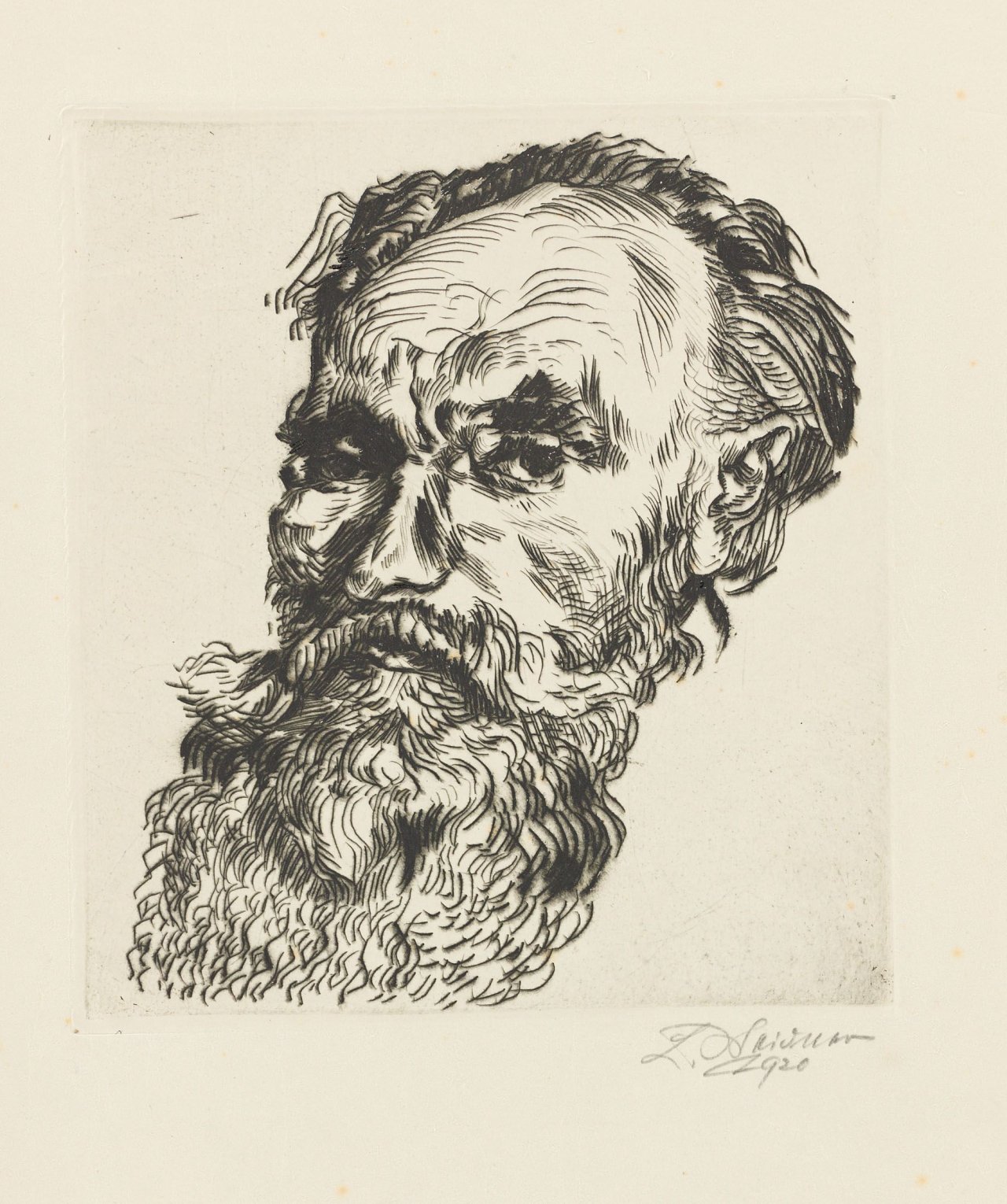 Auf diesem Bild ist das folgende Kunstwerk zu sehen: Ludwig Meidner. Bildnis eines Bärtigen / Tanja, den rechten Arm an der Hüfte abgestützt. 1920 / 1922.