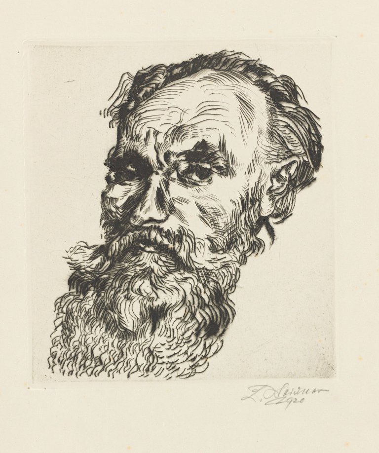 Auf diesem Bild ist das folgende Kunstwerk zu sehen: Ludwig Meidner. Bildnis eines Bärtigen / Tanja, den rechten Arm an der Hüfte abgestützt. 1920 / 1922.