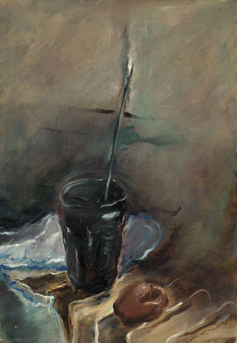 Auf diesem Bild ist das folgende Kunstwerk zu sehen:  Marwan. „Stilleben auf Zentralheizung I“. 1974.