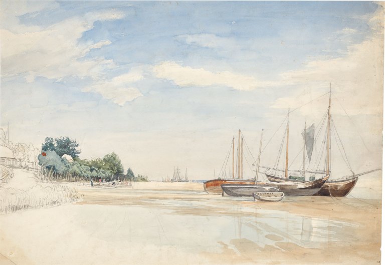 Auf diesem Bild ist das folgende Kunstwerk zu sehen: Jacob Gensler. Fischerboote am Zandvoorter Strand. 1841.