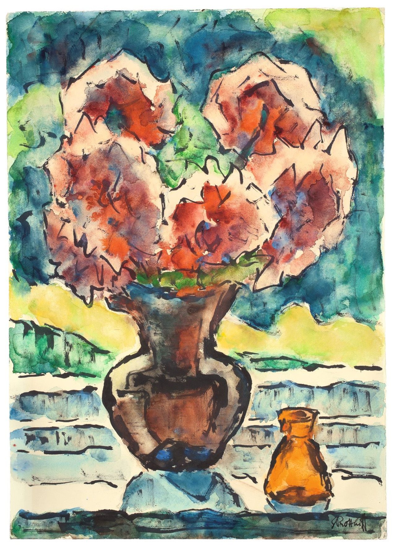 Auf diesem Bild ist das folgende Kunstwerk zu sehen: Karl Schmidt-Rottluff. „Rosa Dahlien“. 1965.