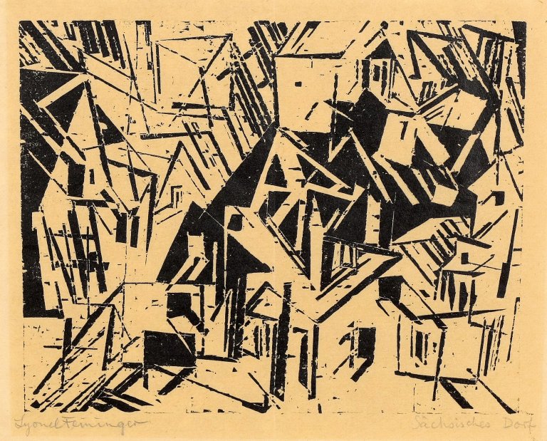 Auf diesem Bild ist das folgende Kunstwerk zu sehen: Lyonel Feininger. „Sächsisches Dorf“. 1918.