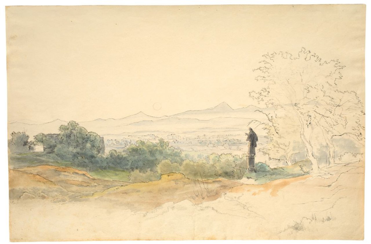 Auf diesem Bild ist das folgende Kunstwerk zu sehen: Ernst Ferdinand Oehme. „Böhmische Landschaft mit Statue eines Heiligen“. 1841.