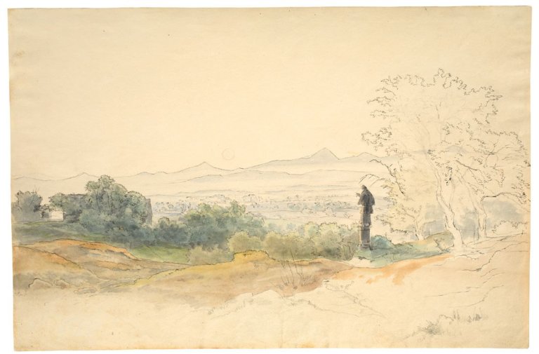 Auf diesem Bild ist das folgende Kunstwerk zu sehen: Ernst Ferdinand Oehme. „Böhmische Landschaft mit Statue eines Heiligen“. 1841.