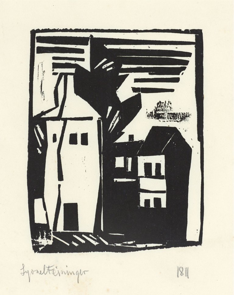 Auf diesem Bild ist das folgende Kunstwerk zu sehen: Lyonel Feininger. „Pariser Hohe Häuser“. 1918.