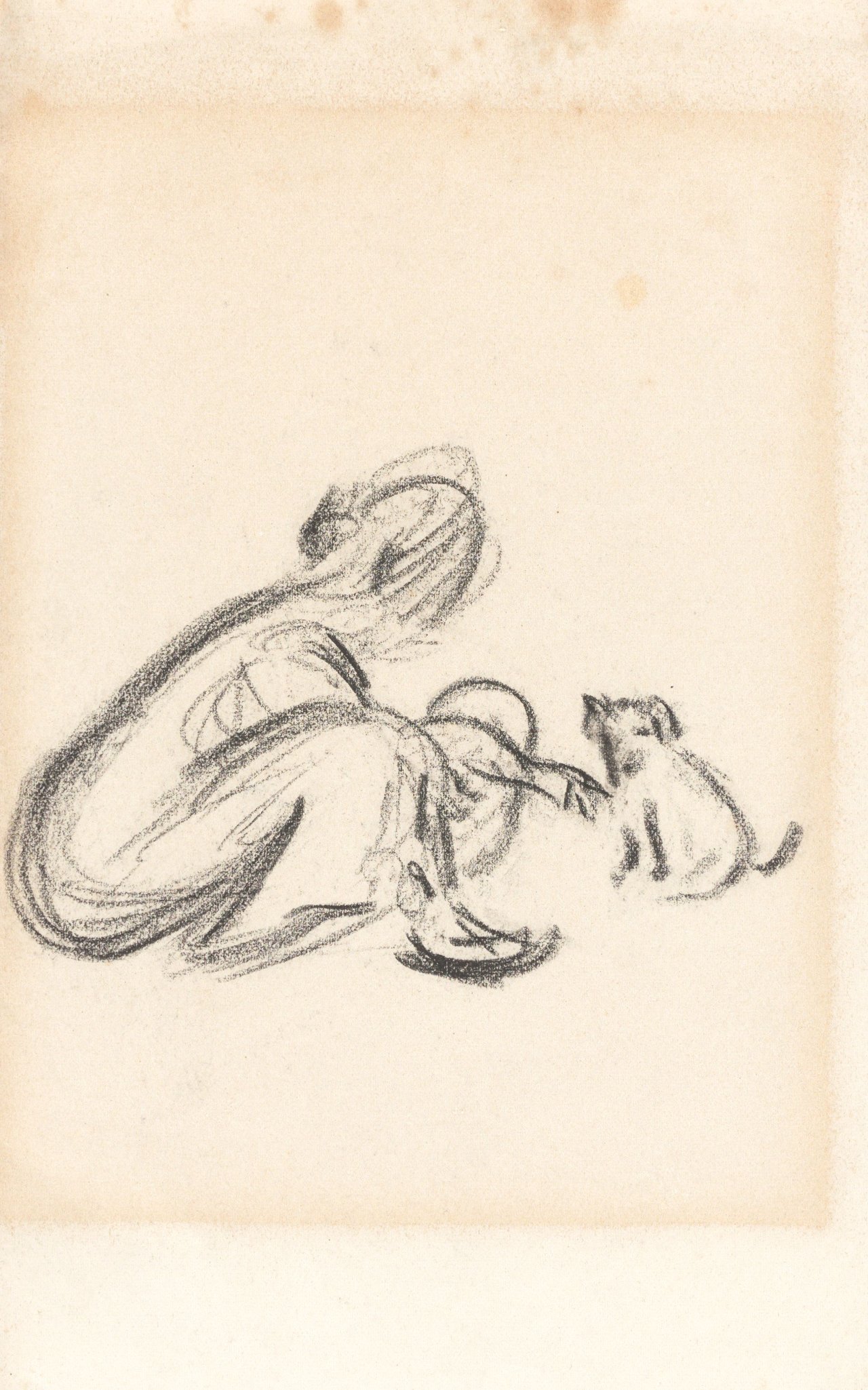 This picture shows the following artwork: Heinrich Zille. Sitting woman with little dog.