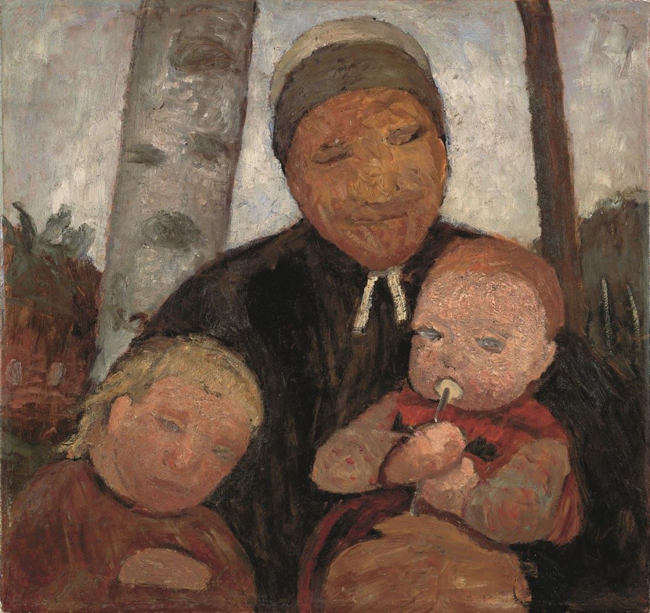 Auf diesem Bild ist das folgende Kunstwerk zu sehen: Paula Modersohn-Becker. „Bäuerin mit Kind und Säugling zwischen Birkenstämmen“. Um 1904.
