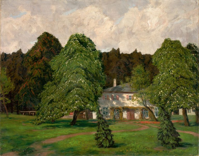 Auf diesem Bild ist das folgende Kunstwerk zu sehen: Walter Leistikow. Haus hinter blühenden Kastanienbäumen. Um 1900.