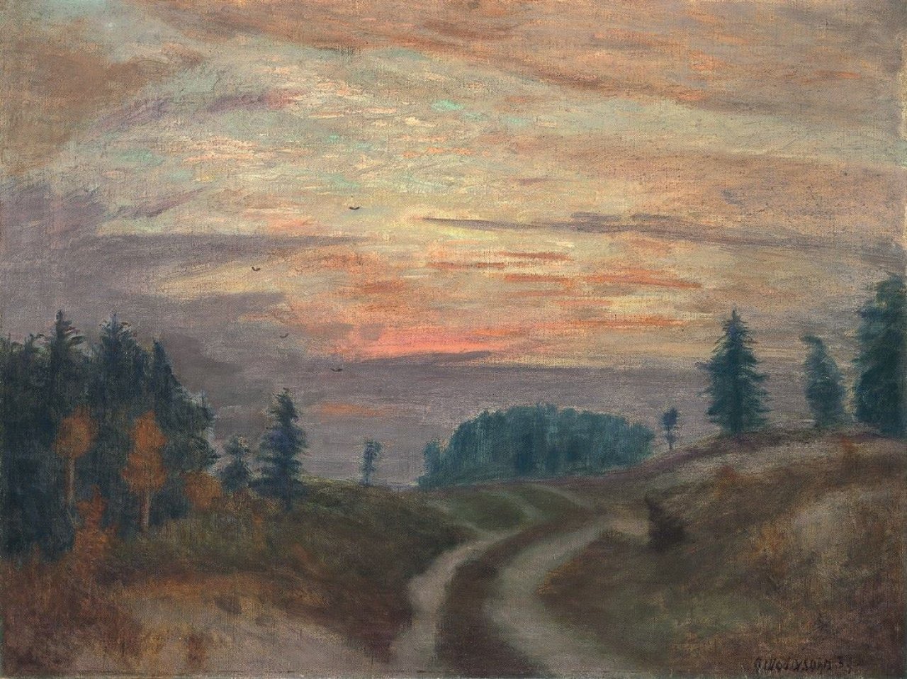 Auf diesem Bild ist das folgende Kunstwerk zu sehen: Otto Modersohn. „Abendlicher Weg in der Surheide“. 1939.