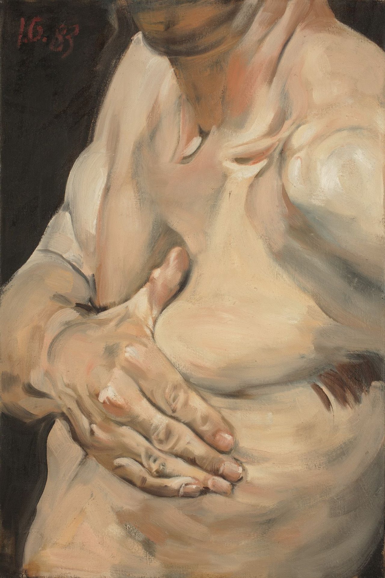 Auf diesem Bild ist das folgende Kunstwerk zu sehen: Johannes Grützke. Sich in die Seite fassend. 1983.