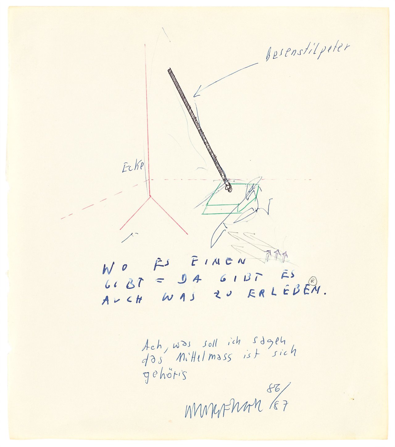 Auf diesem Bild ist das folgende Kunstwerk zu sehen: Martin Kippenberger. „Ach, was soll ich sagen, das Mittelmass ist sich gehörig“ (Besenstil-Peter). 1986/87.