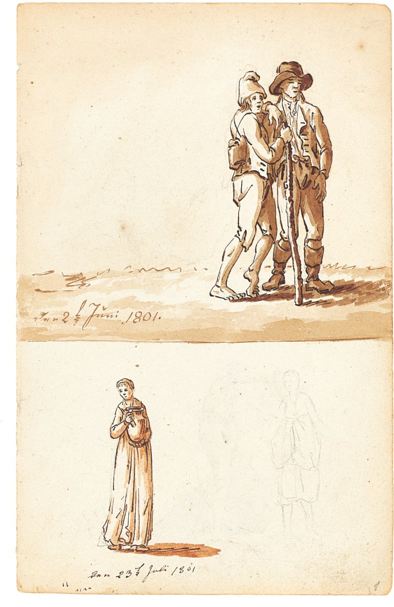 This picture shows the following artwork: Caspar David Friedrich. ”Zwei wandernde alte Bauern, Frau mit Krug, langer Mann”. 1801.