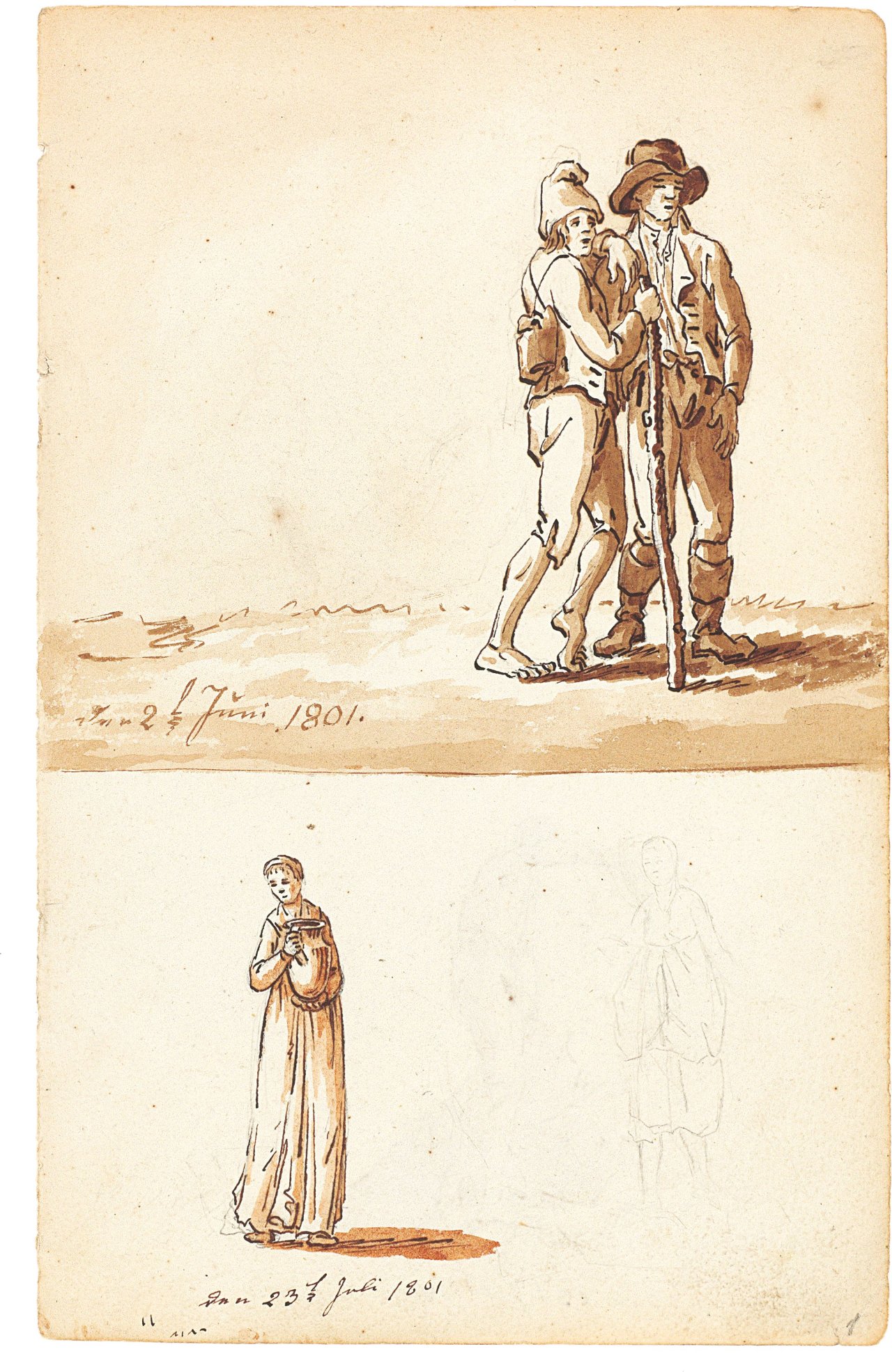 This picture shows the following artwork: Caspar David Friedrich. ”Zwei wandernde alte Bauern, Frau mit Krug, langer Mann”. 1801.