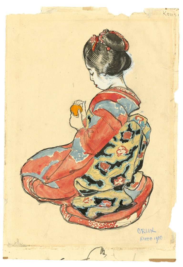 Auf diesem Bild ist das folgende Kunstwerk zu sehen: Emil Orlik. Sitzende Geisha mit Satsuma. 1900.