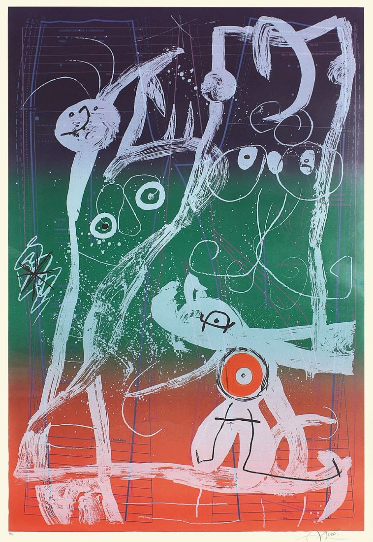 Auf diesem Bild ist das folgende Kunstwerk zu sehen: Joan Miró. „Le délire du couturier - bleu, rouge, vert“. 1969.