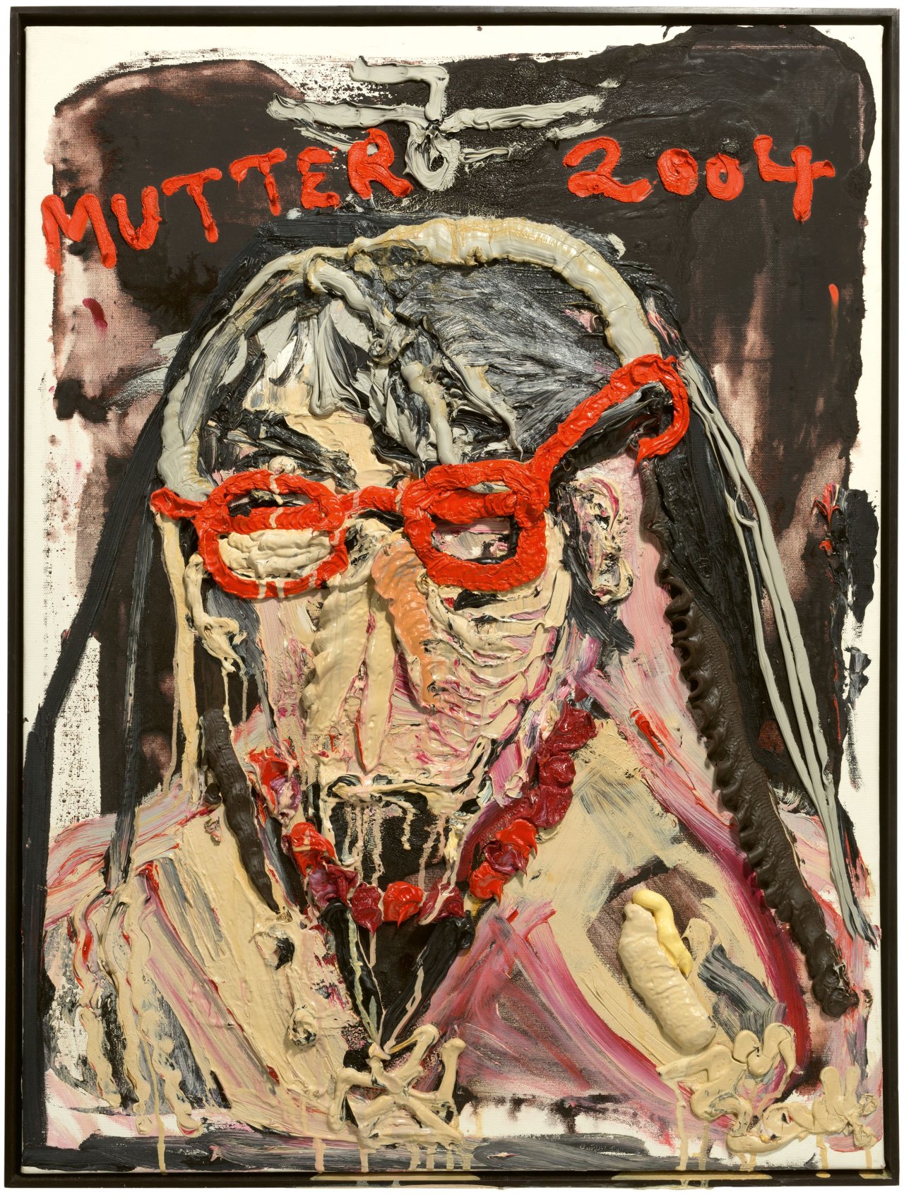Auf diesem Bild ist das folgende Kunstwerk zu sehen: Jonathan Meese. „Mutter (gestürzt) mit roter Brille und rötlicher Perlenkette“. 2004.