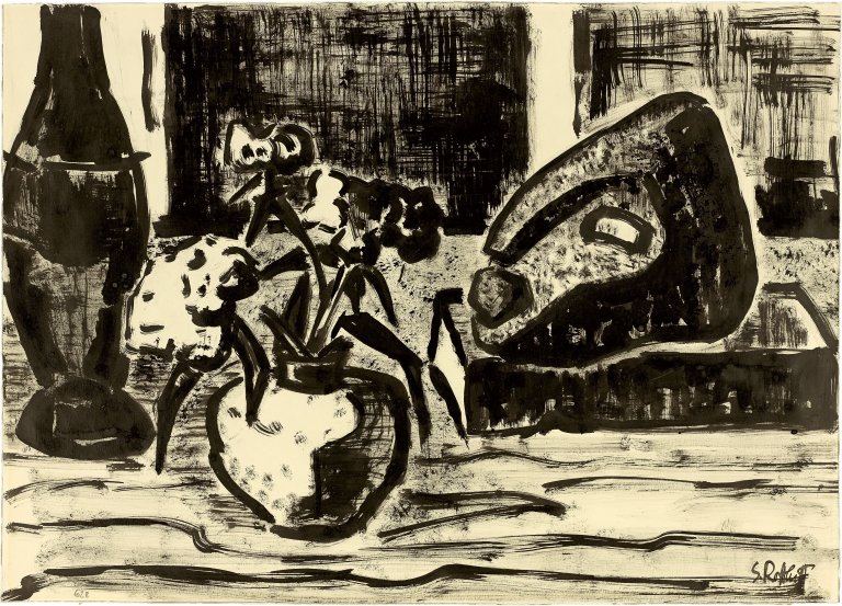 Auf diesem Bild ist das folgende Kunstwerk zu sehen: Karl Schmidt-Rottluff. Stillleben mit Steinkopf. 1962.