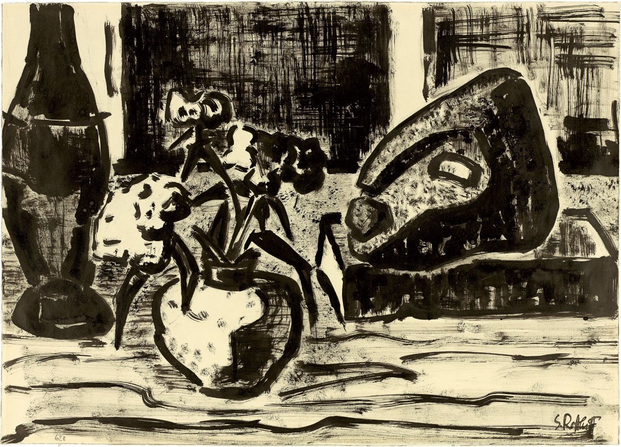 Auf diesem Bild ist das folgende Kunstwerk zu sehen: Karl Schmidt-Rottluff. Stillleben mit Steinkopf. 1962.