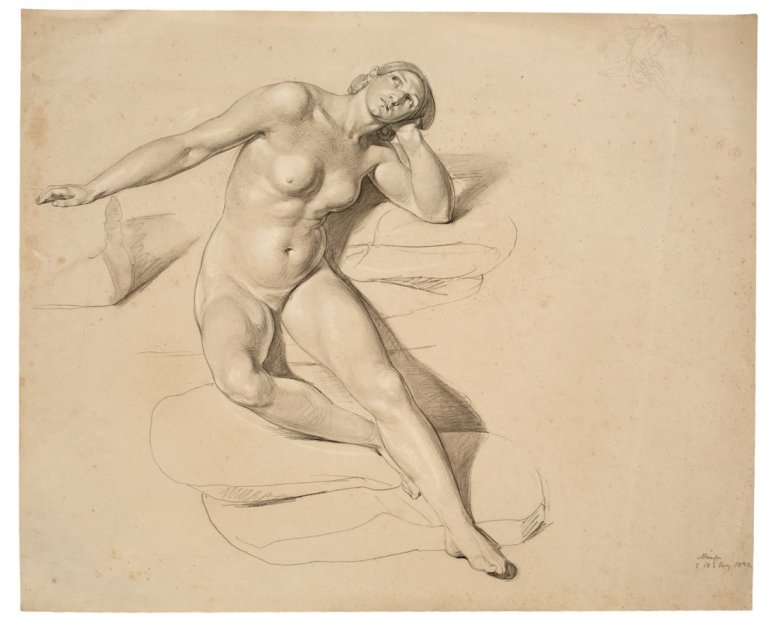 Auf diesem Bild ist das folgende Kunstwerk zu sehen: Buonaventura Genelli. Akt, nach oben blickend. 1833.