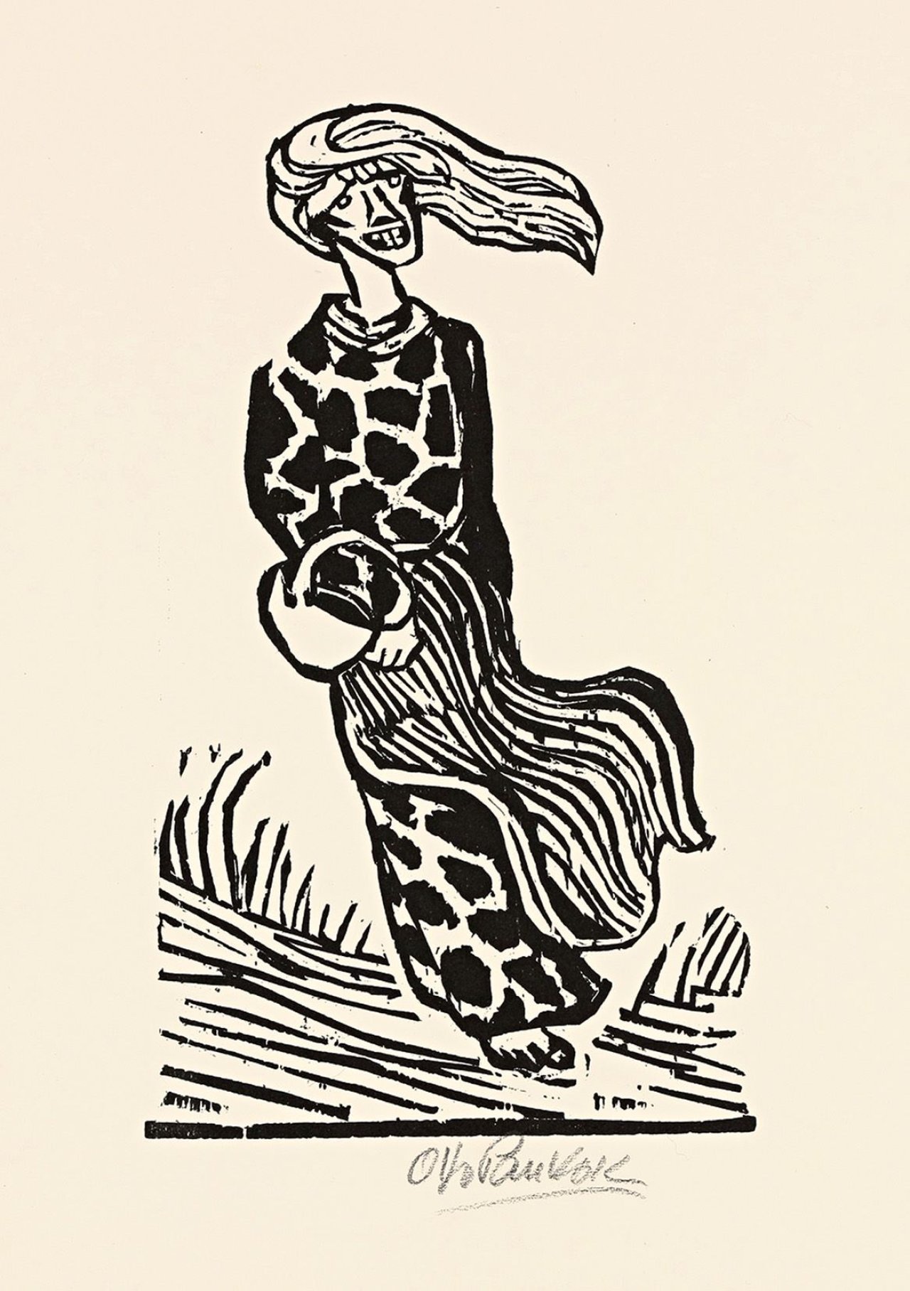 Auf diesem Bild ist das folgende Kunstwerk zu sehen: Otto Pankok. „Frau im Wind“/„Ehra im Wind (Kind im Wind)“. 1947.