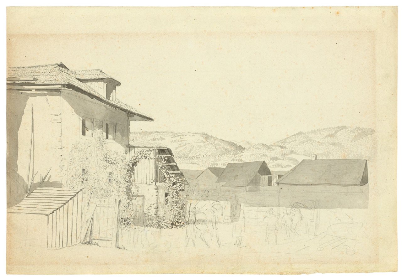This picture shows the following artwork:  German, circa 1820. Mountain village.
