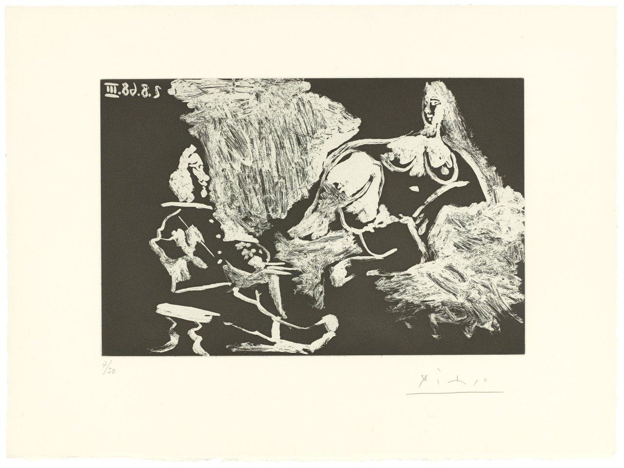 This picture shows the following artwork: Pablo Picasso. „Peintre avec un modèle à demi allongé“. 1968.