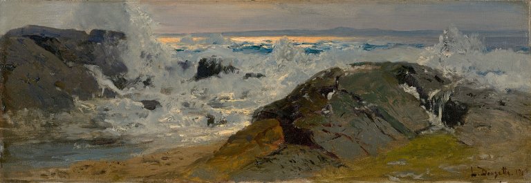 Auf diesem Bild ist das folgende Kunstwerk zu sehen: Louis Douzette. Felsenküste bei stürmischer See. 1904.