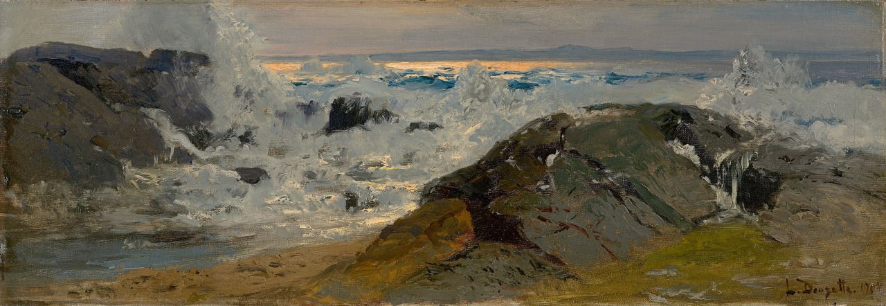 Auf diesem Bild ist das folgende Kunstwerk zu sehen: Louis Douzette. Felsenküste bei stürmischer See. 1904.