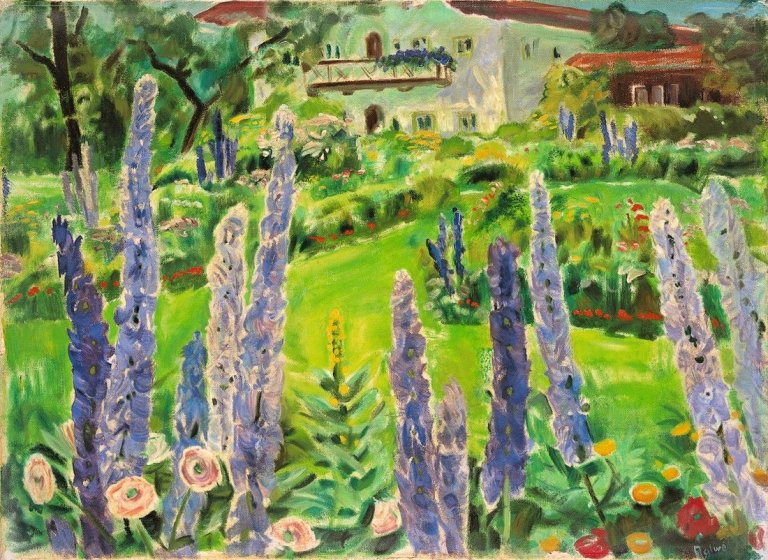 Auf diesem Bild ist das folgende Kunstwerk zu sehen: Arnold Balwé. „Garten am Haus mit Rittersporn“.