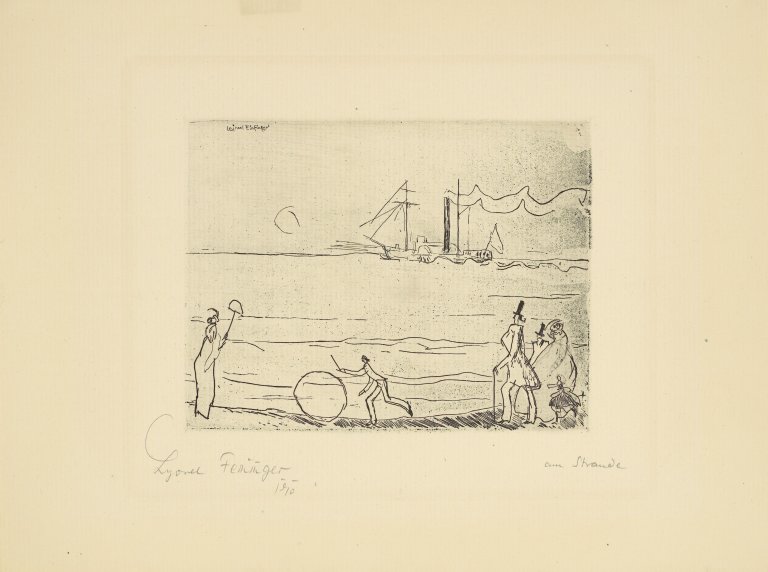 Auf diesem Bild ist das folgende Kunstwerk zu sehen: Lyonel Feininger. „Am Strande (Spaziergänger am Ufer)“. 1910.