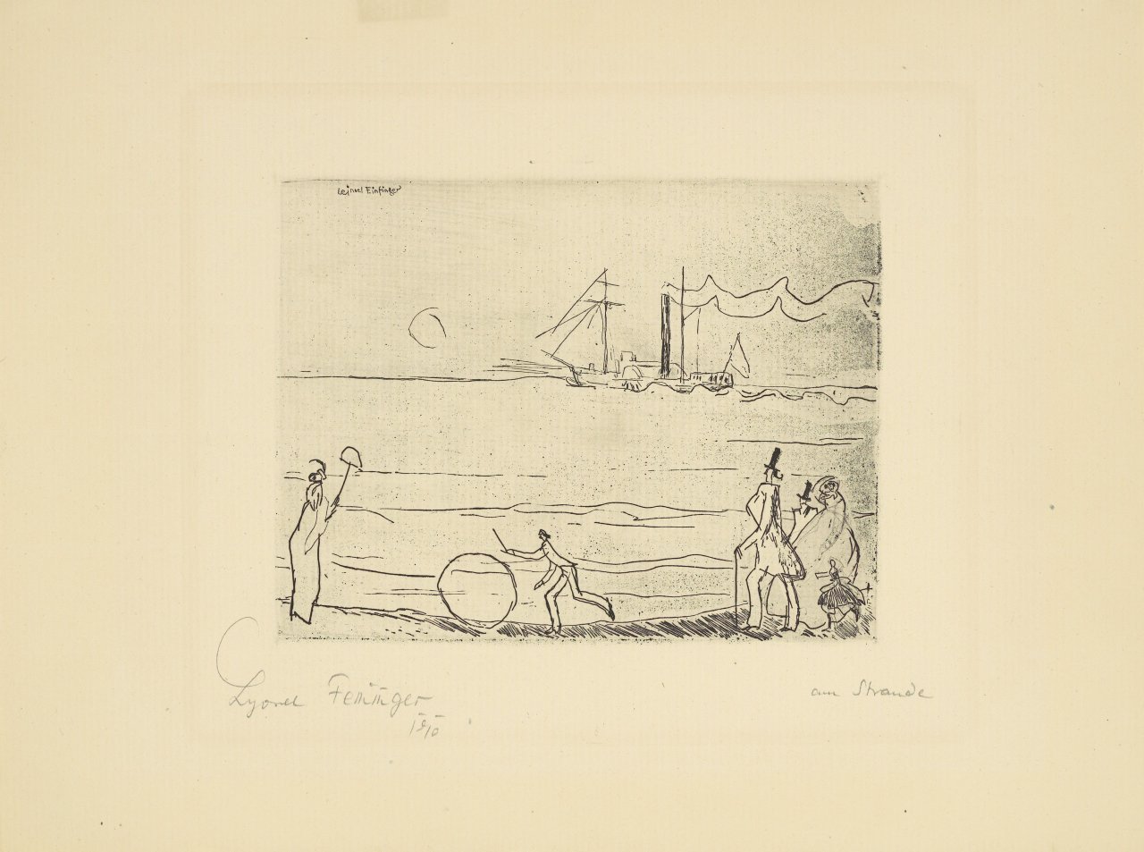 Auf diesem Bild ist das folgende Kunstwerk zu sehen: Lyonel Feininger. „Am Strande (Spaziergänger am Ufer)“. 1910.