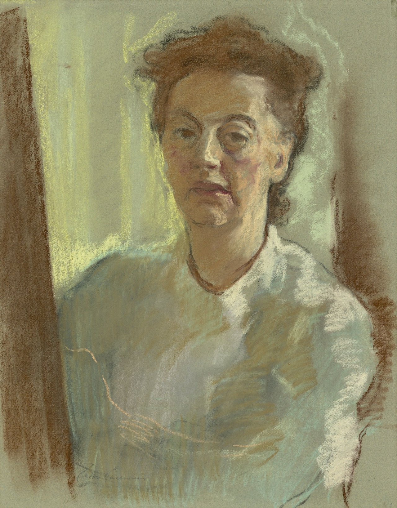 Auf diesem Bild ist das folgende Kunstwerk zu sehen: Lotte Laserstein. „Selbstportrait an der Staffelei“. Um 1951/55.