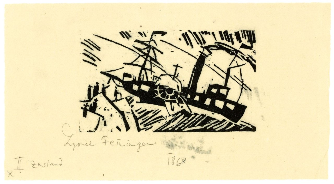 Auf diesem Bild ist das folgende Kunstwerk zu sehen: Lyonel Feininger. „Raddampfer“. 1918.