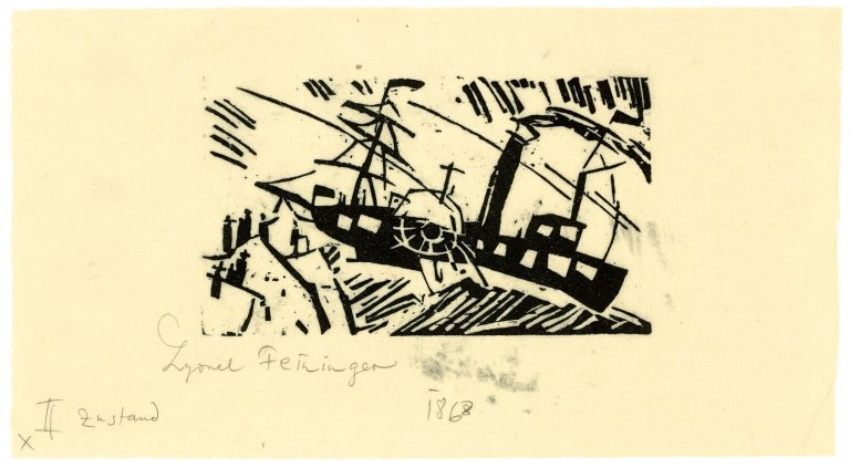 Auf diesem Bild ist das folgende Kunstwerk zu sehen: Lyonel Feininger. „Raddampfer“. 1918.