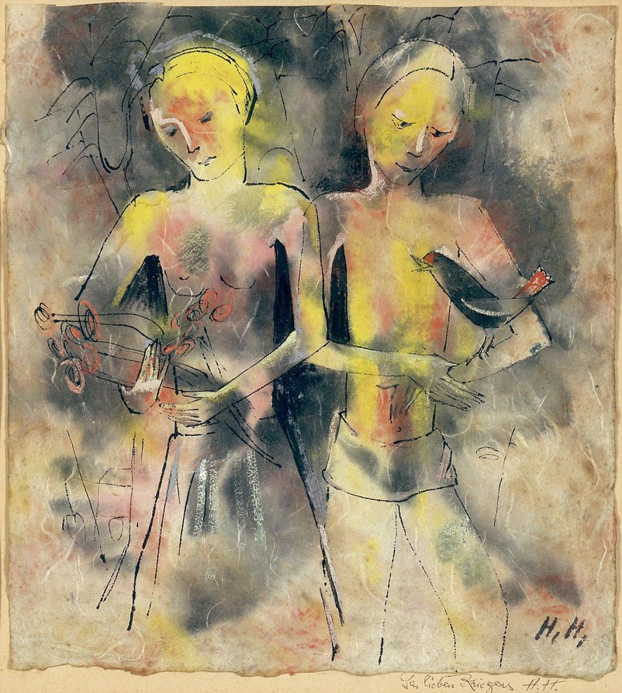 Auf diesem Bild ist das folgende Kunstwerk zu sehen: Hannah Höch. Junges Paar mit Blumen und Vogel.