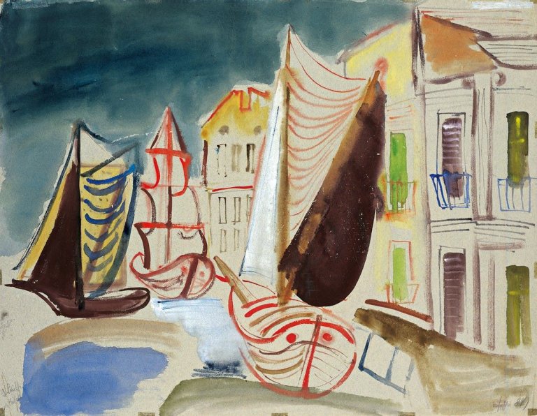 Auf diesem Bild ist das folgende Kunstwerk zu sehen: Werner Gilles. „Drei Schiffe im Hafen“. 1938.