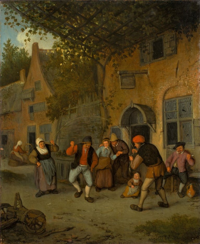 Auf diesem Bild ist das folgende Kunstwerk zu sehen: Cornelis Dusart. Bauern vor der Schänke beim Seilspringen. 1679.