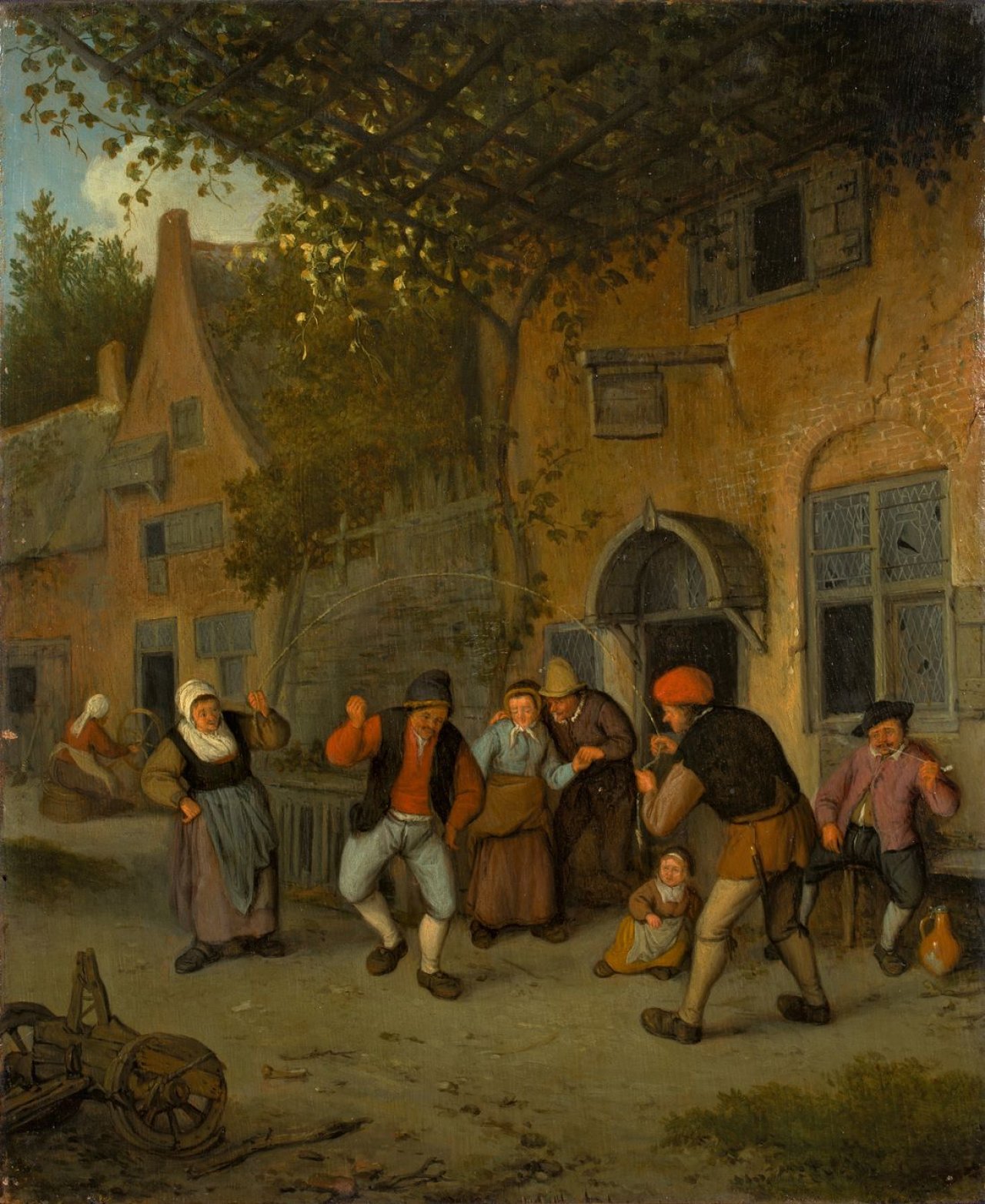 Auf diesem Bild ist das folgende Kunstwerk zu sehen: Cornelis Dusart. Bauern vor der Schänke beim Seilspringen. 1679.