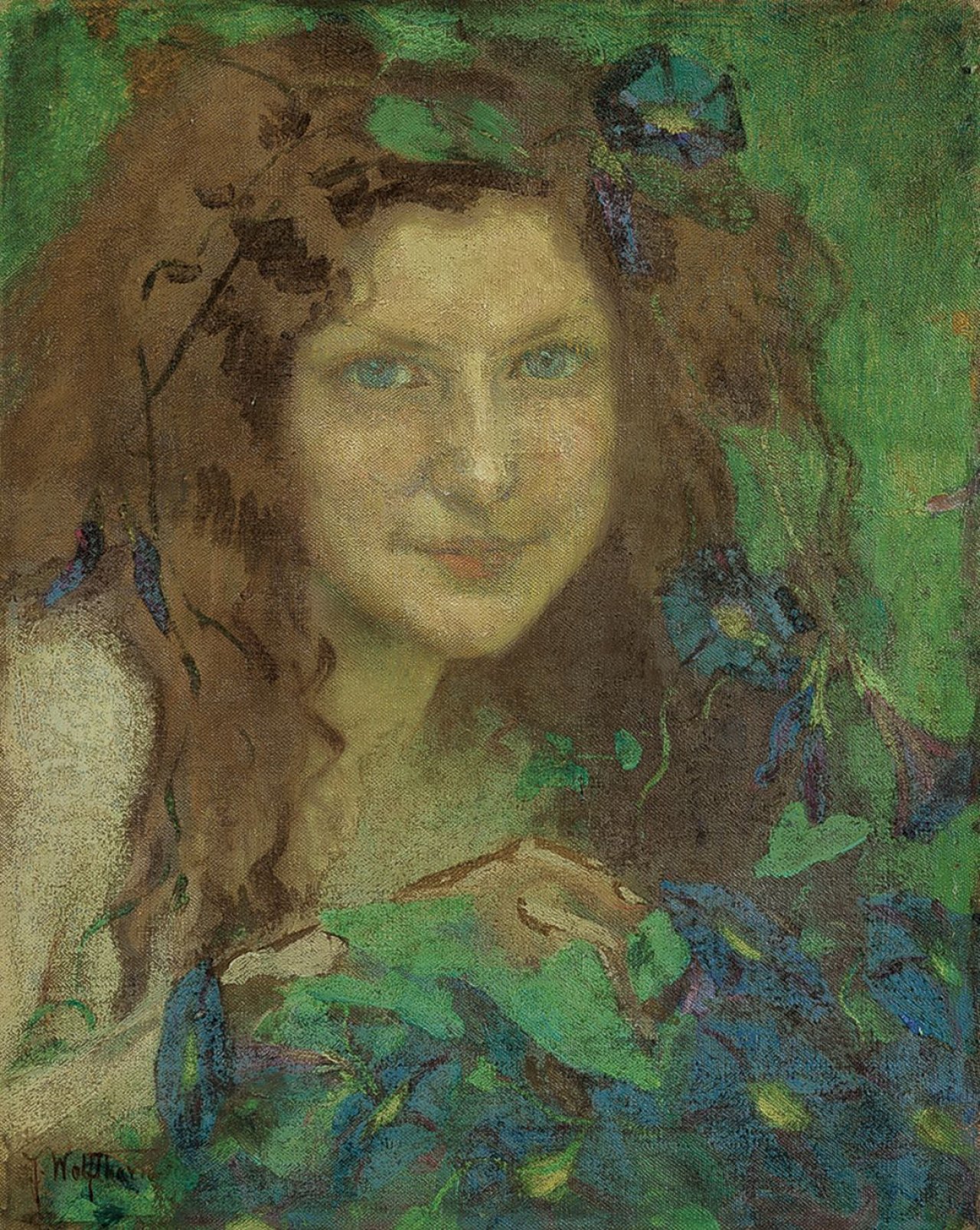 Auf diesem Bild ist das folgende Kunstwerk zu sehen: Julie Wolfthorn. „Mädchen mit blaugrünen Augen“. Um 1899.