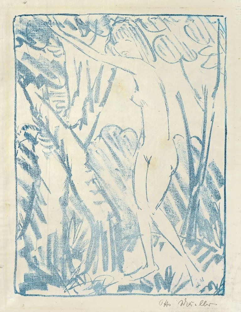 Auf diesem Bild ist das folgende Kunstwerk zu sehen: Otto Mueller. „Zwischen Bäumen stehendes Mädchen“. 1924/27.