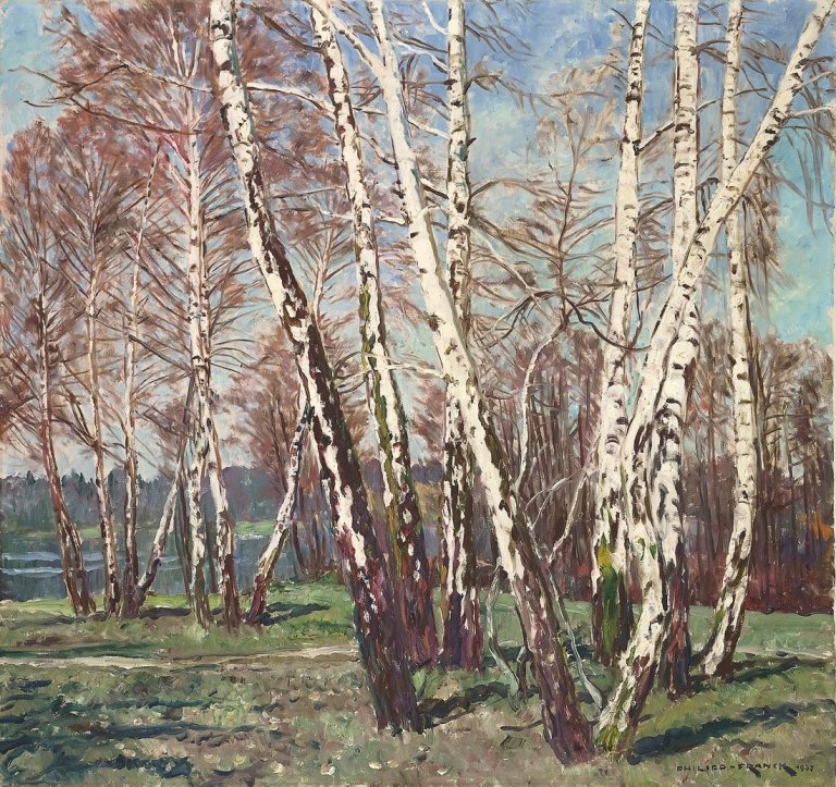 Auf diesem Bild ist das folgende Kunstwerk zu sehen: Philipp Franck. „Birken im Neuen Garten“. 1937.