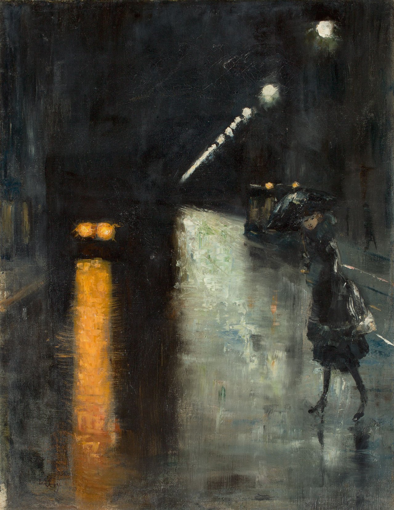 This picture shows the following artwork: Lesser Ury. „Nächtliche Straßenszene, Berlin (Leipziger Straße?)“. Circa 1915/20.
