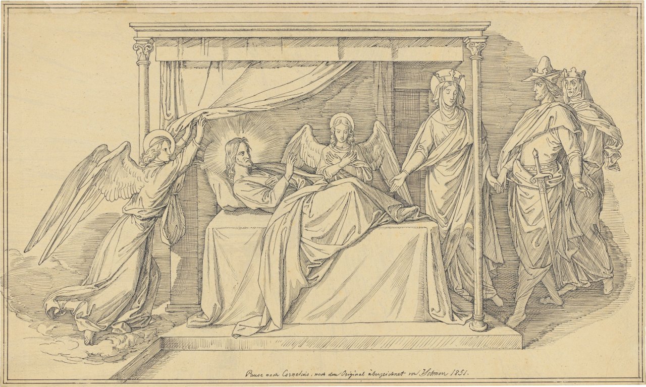 Auf diesem Bild ist das folgende Kunstwerk zu sehen: Julius Schnorr von Carolsfeld. Die Heilige Elisabeth zeigt ihrem Gemahl einen von ihr gepflegten Kranken (Pause nach Peter von Cornelius). 1851.