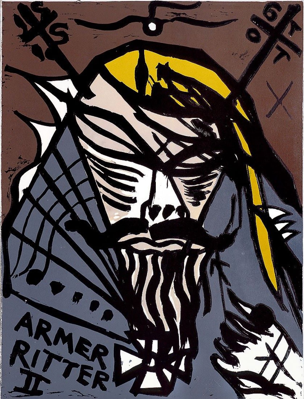 Auf diesem Bild ist das folgende Kunstwerk zu sehen: Jonathan Meese. „Dietrich v. Bern in Drachenhaut“ / „Siegfried der Blökkopf in Hornhaut“ / „Dietrich v. Bern im Mosaikbluthautrüstzeug“ / „Siegfried im Turmzimmer“. 2005.