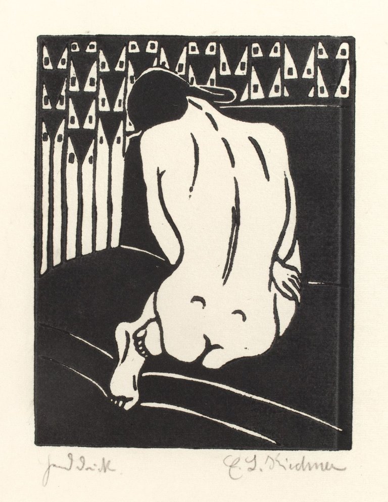 Auf diesem Bild ist das folgende Kunstwerk zu sehen: Ernst Ludwig Kirchner. „Kauernder Akt, vom Rücken gesehen – Das Modell 4“. 1905.