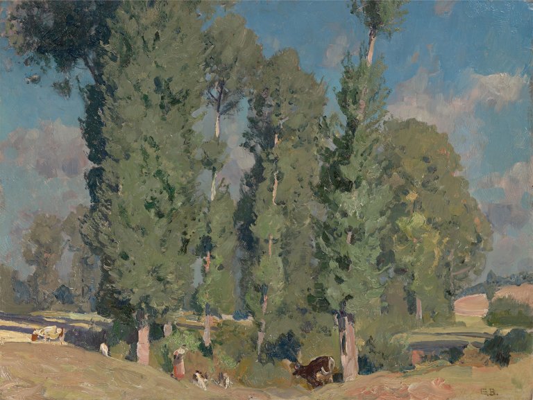 Auf diesem Bild ist das folgende Kunstwerk zu sehen: Eugen Bracht. „Motiv an der Libunka, Böhmen“.