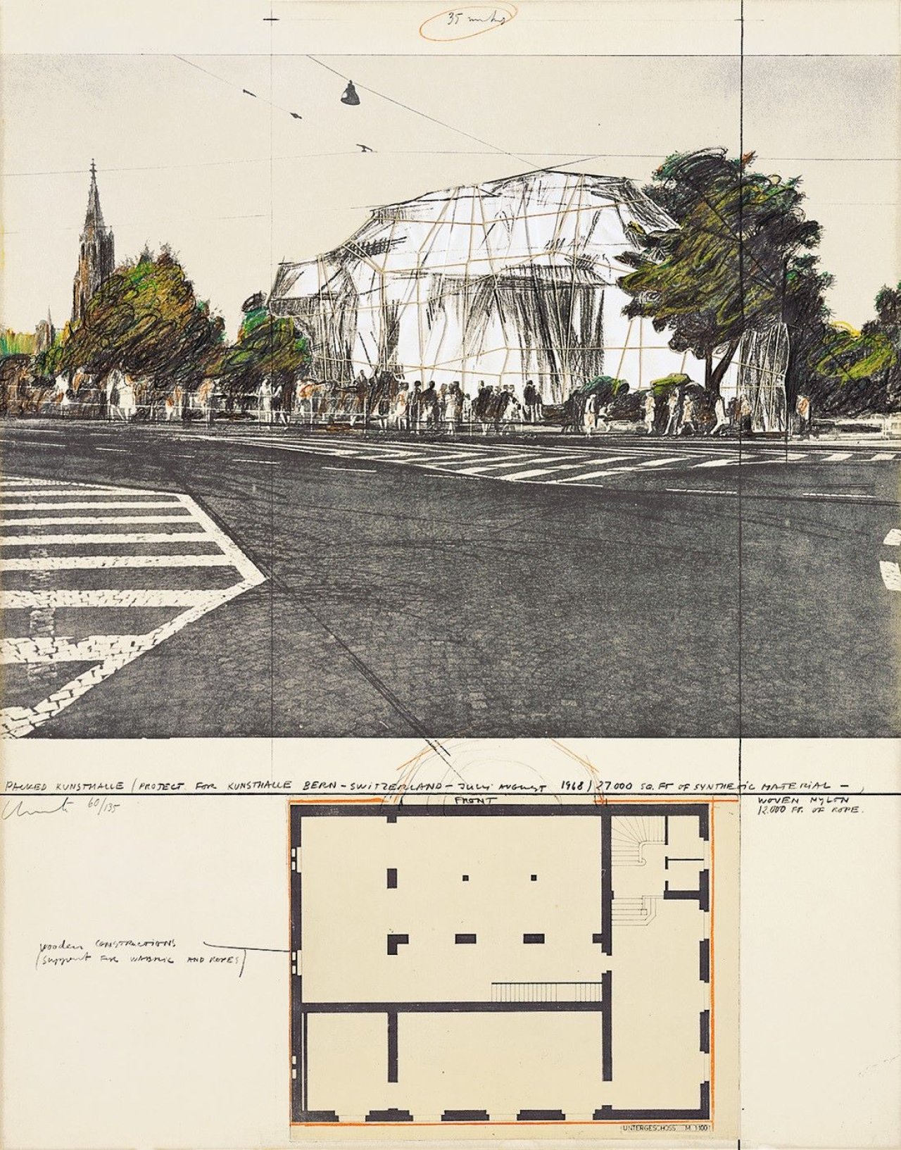 Auf diesem Bild ist das folgende Kunstwerk zu sehen:  Christo. „Verpackte Kunsthalle Bern, Projekt“. 1972.